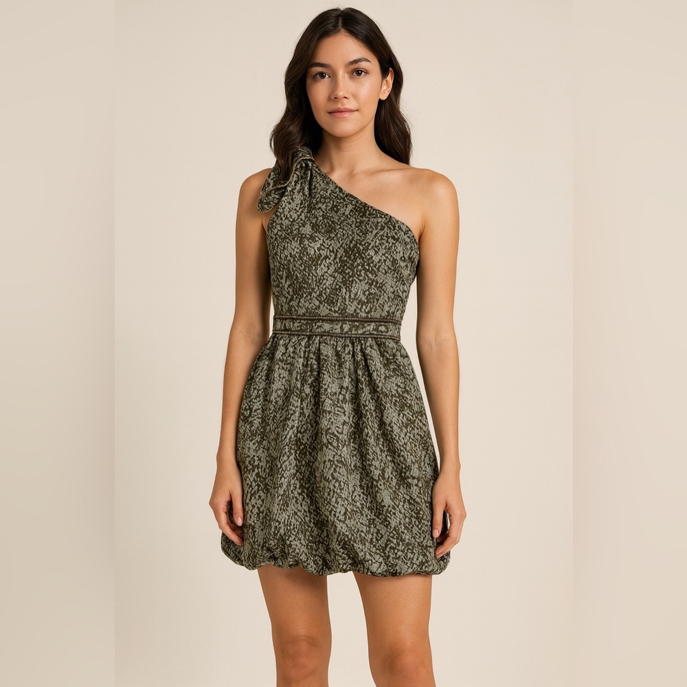 Do & Be Women’s Size S One-Shoulder Bubble Hem Dress – Abstract Olive Green